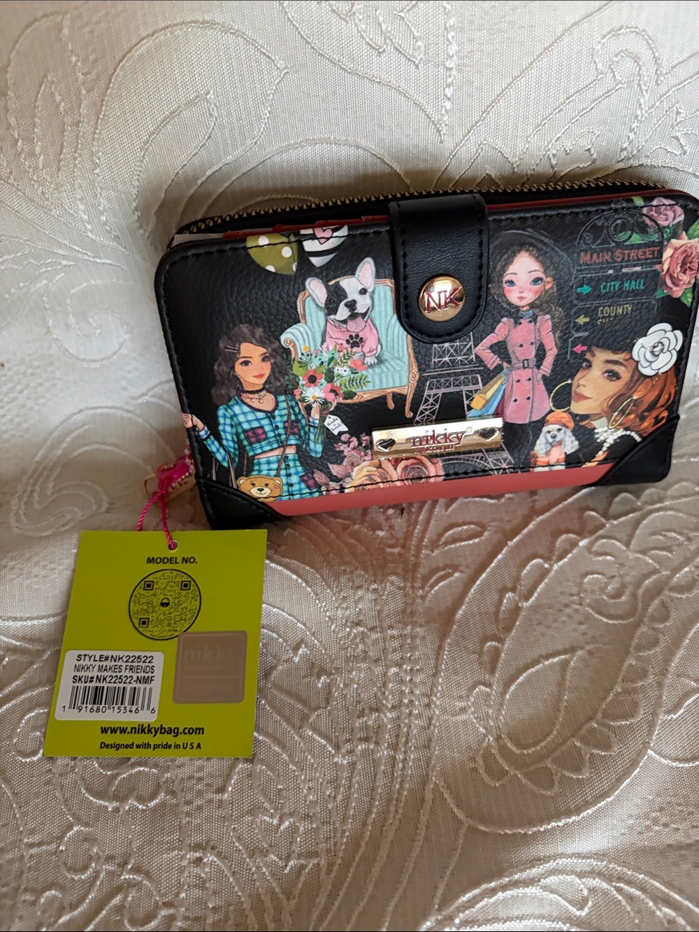 Nicole Lee Black Wallet with Pink, blue and Coral Accents NIKKY MAKES FRIENDS